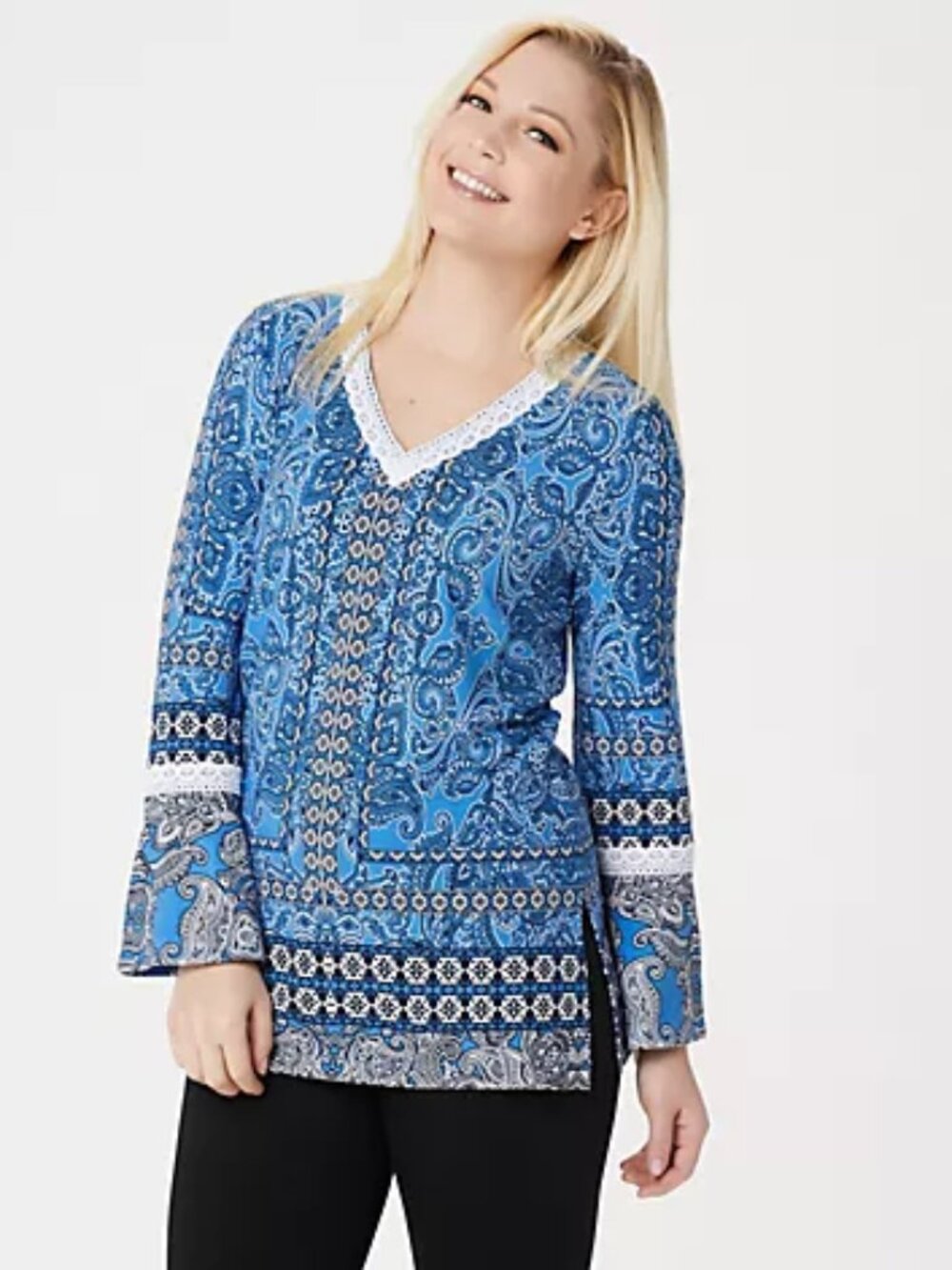 Susan Graver Printed Liquid Knit Tunic with Crochet Lace New Blue 3X